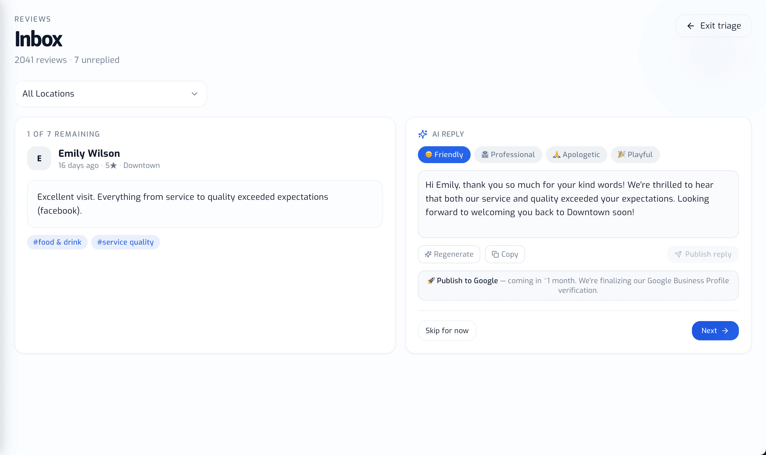 Review reply composer with AI-suggested response