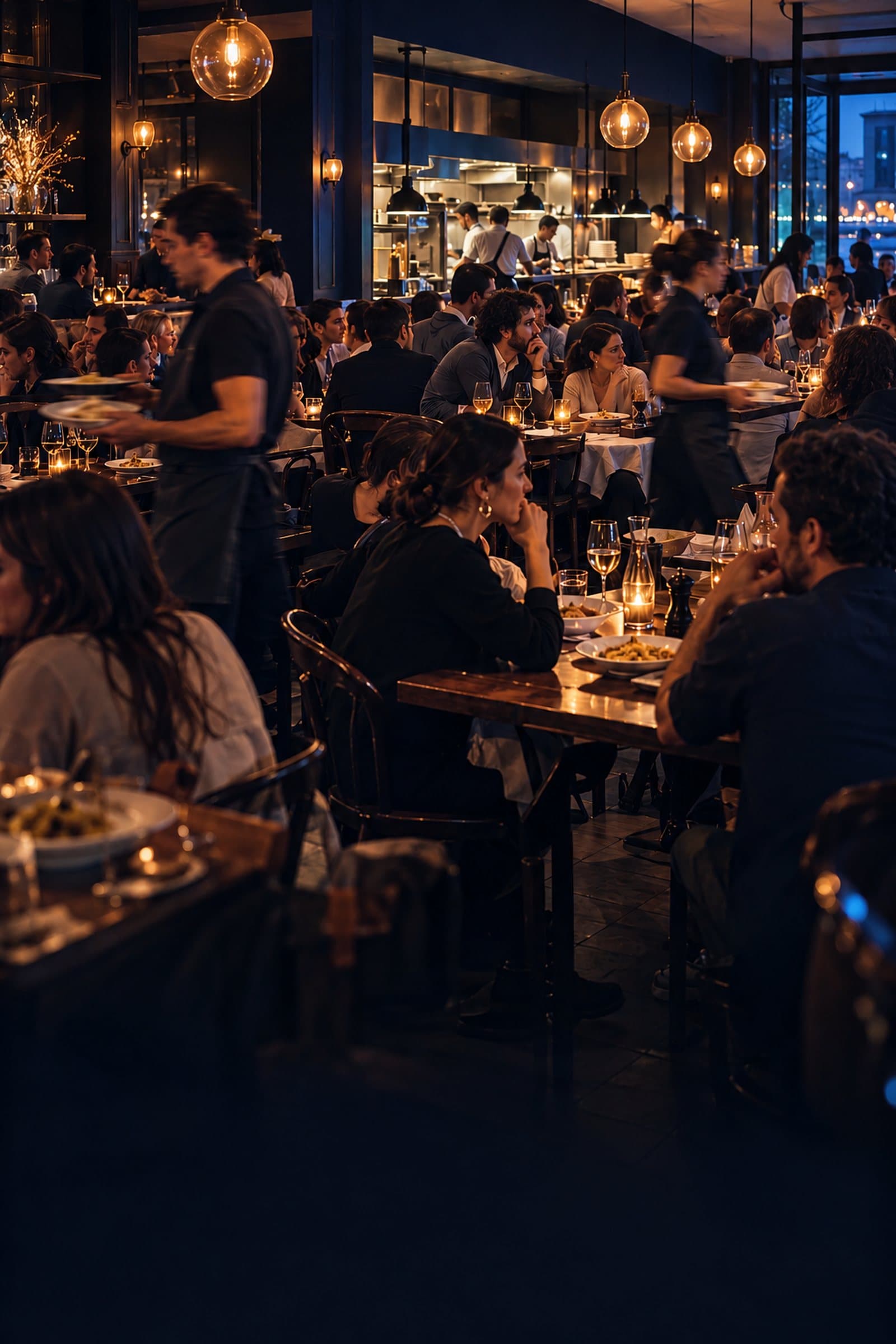 A full restaurant dining room on a busy night, servers rushing between tables