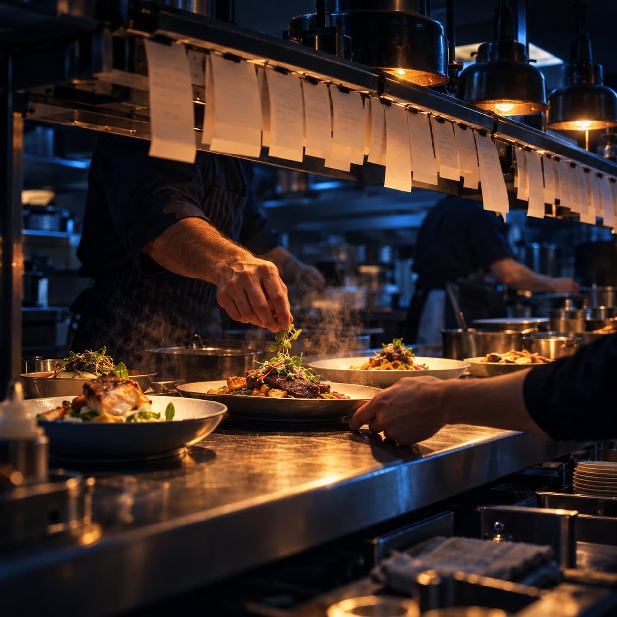 Plates waiting under heat lamps below a long rail of order tickets