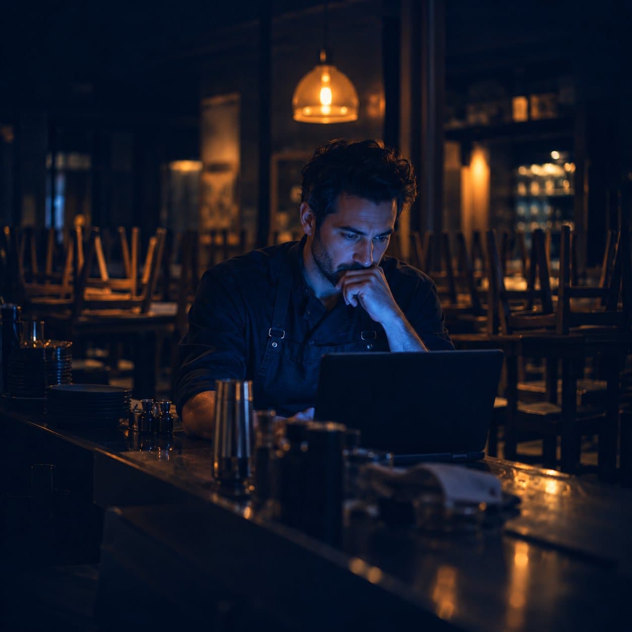 A restaurant owner reading on a laptop at the bar after closing
